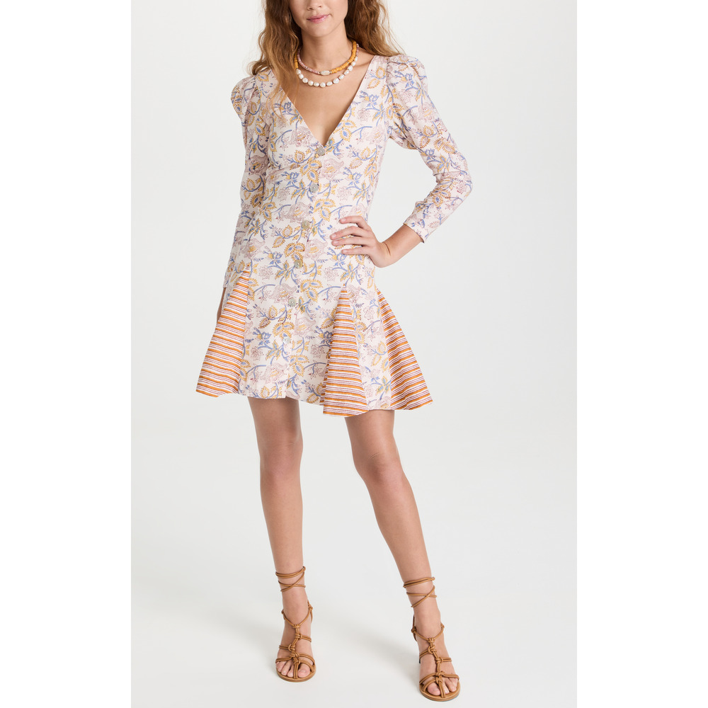 Alix Of Bohemia Floral V‑Neck Mini Dress in Peach, Lavender and Orange Stripe